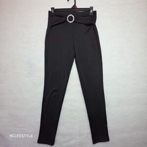 ZARA Women High Waist Ankle Pants Slim Fit Faded Black Rhinestone Buckle